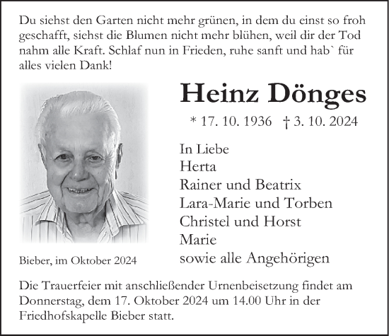 Traueranzeige von Heinz Dönges von Giessener Allgemeine, Alsfelder Allgemeine