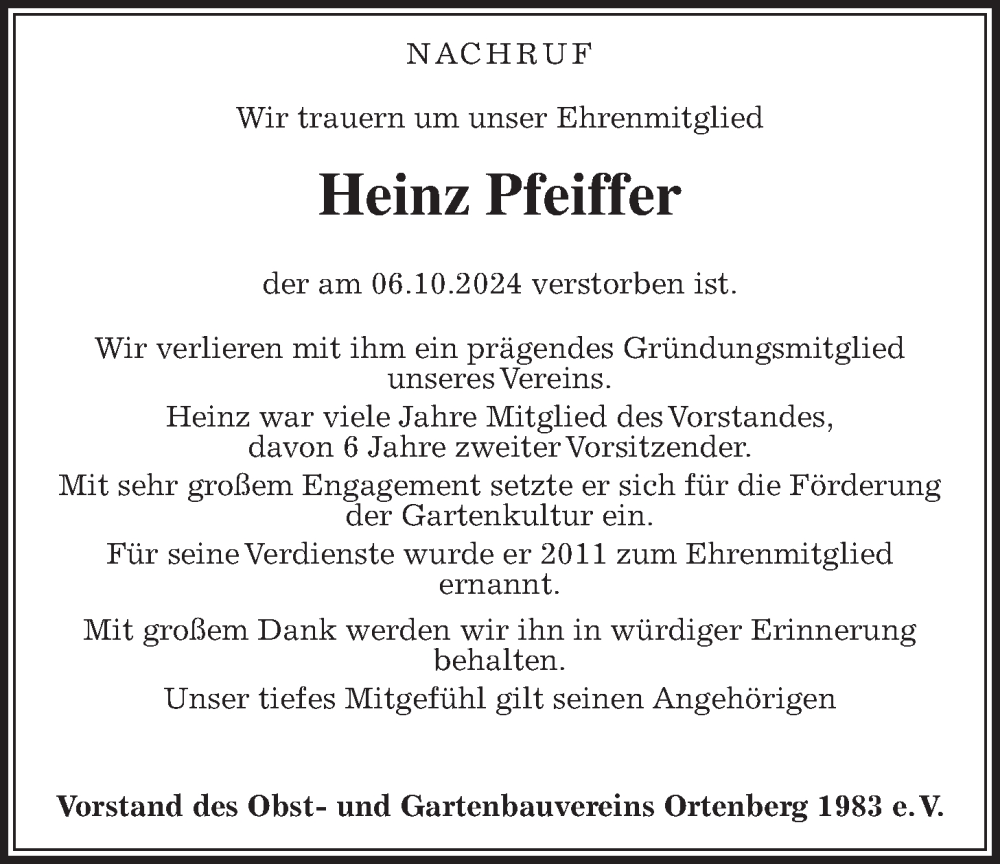  Traueranzeige für Heinz Pfeiffer vom 16.10.2024 aus Kreis-Anzeiger