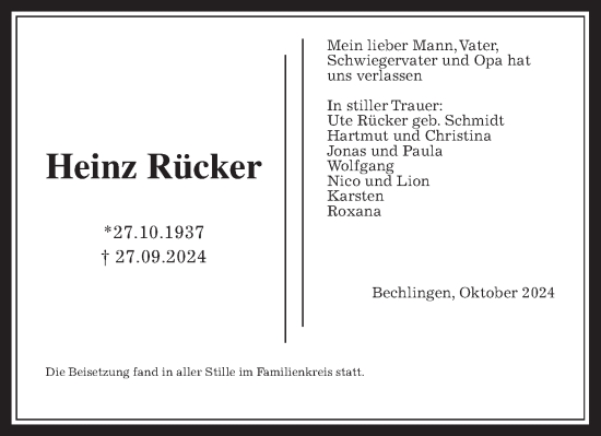 Traueranzeige von Heinz Rücker von Wetterauer Zeitung, Giessener Allgemeine, Alsfelder Allgemeine