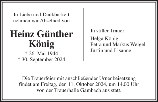 Traueranzeige von Heinz Günther König von Butzbacher Zeitung