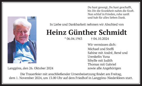 Traueranzeige von Heinz Günther Schmidt von Giessener Anzeiger, Giessener Allgemeine, Alsfelder Allgemeine