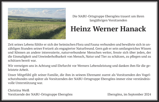 Traueranzeige von Heinz Werner Hanack von Butzbacher Zeitung