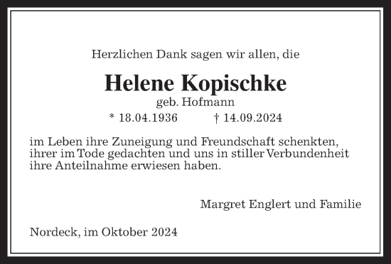 Traueranzeige von Helene Kopischke von Allendorfer Mitteilungen
