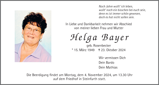 Traueranzeige von Helga Bayer von Wetterauer Zeitung, Butzbacher Zeitung