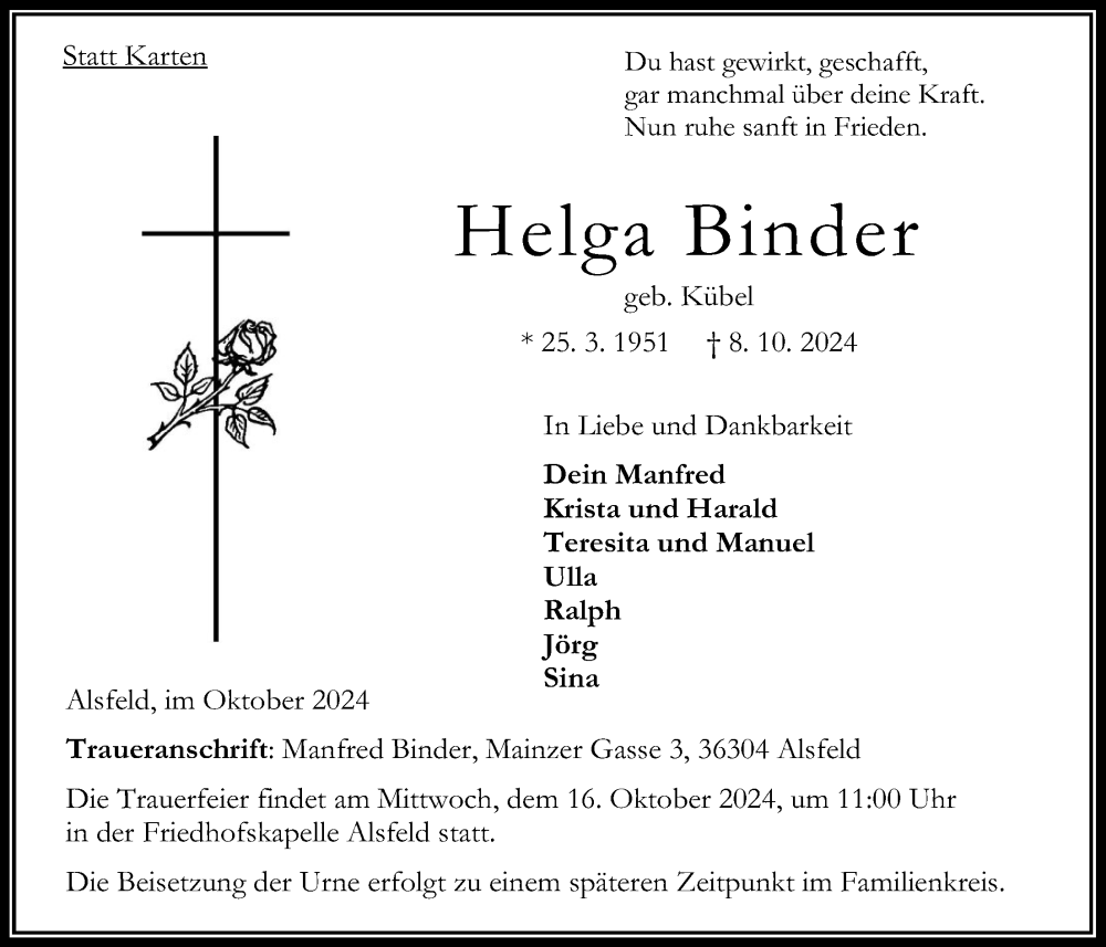  Traueranzeige für Helga Binder vom 12.10.2024 aus Oberhessische Zeitung