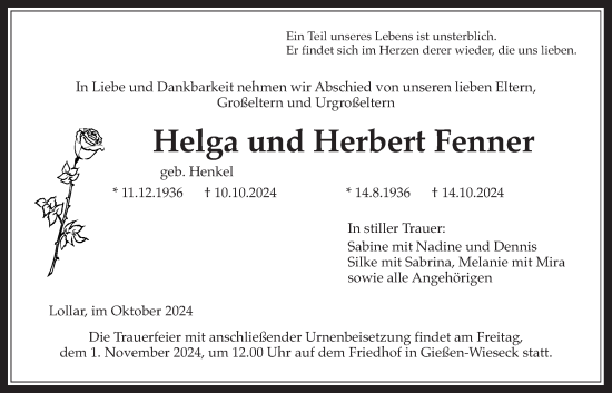 Traueranzeige von Helga Fenner von Giessener Allgemeine, Alsfelder Allgemeine