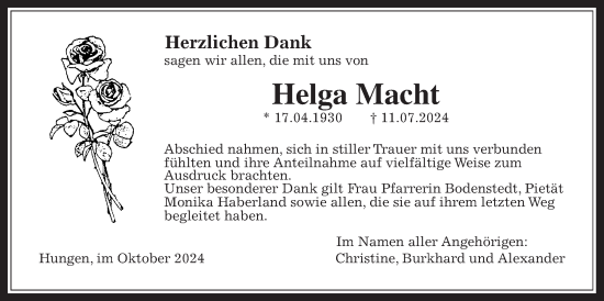 Traueranzeige von Helga Macht von Licher Wochenblatt