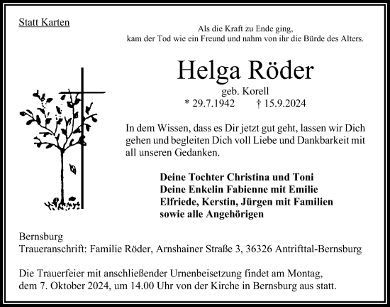 Traueranzeige von Helga Röder von Oberhessische Zeitung, 