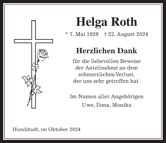 Traueranzeige von Helga Roth von Usinger Anzeiger, Usinger Anzeigenblatt
