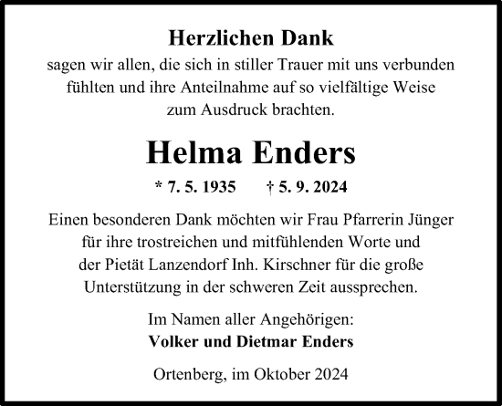 Traueranzeige von Helma Enders von Kreis-Anzeiger
