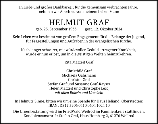 Traueranzeige von Helmut Graf von Usinger Anzeiger