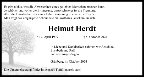 Traueranzeige von Helmut Herdt von Giessener Allgemeine, Alsfelder Allgemeine