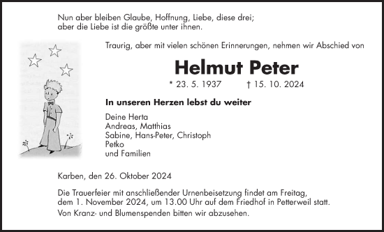 Traueranzeige von Helmut Peter von Wetterauer Zeitung