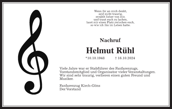 Traueranzeige von Helmut Rühl von Butzbacher Zeitung