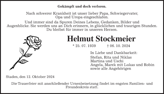 Traueranzeige von Helmut Stockmeier von Wetterauer Zeitung