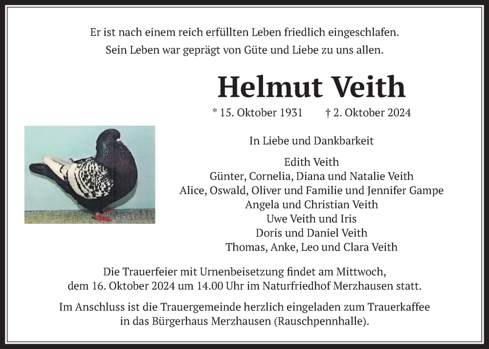  Traueranzeige für Helmut Veith vom 12.10.2024 aus Usinger Anzeiger, Usinger Anzeigenblatt