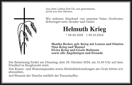 Traueranzeige von Helmuth Krieg von Usinger Anzeiger, Kreis-Anzeiger