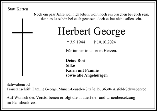 Traueranzeige von Herbert George von Oberhessische Zeitung