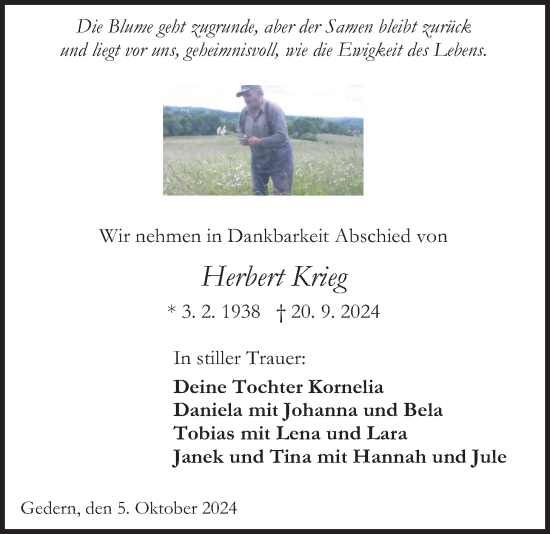 Traueranzeige von Herbert Krieg von Kreis-Anzeiger