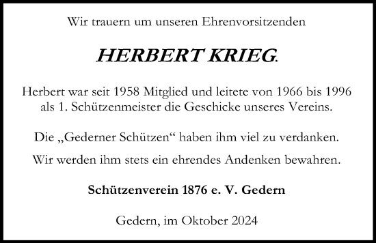 Traueranzeige von Herbert Krieg von Kreis-Anzeiger
