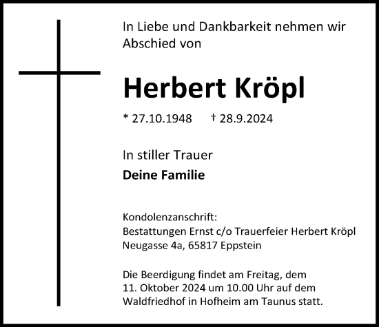 Traueranzeige von Herbert Kröpl 