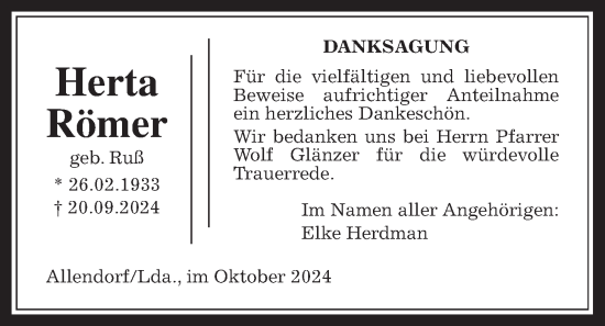 Traueranzeige von Herta Römer von Allendorfer Mitteilungen