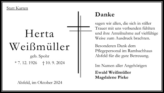 Traueranzeige von Herta Weißmüller von Oberhessische Zeitung