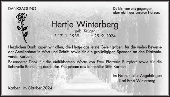 Traueranzeige von Hertje Winterberg von Wetterauer Zeitung, Bad Vilbel/Karben