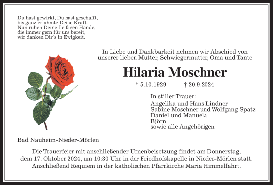 Traueranzeige von Hilaria Moschner von Wetterauer Zeitung