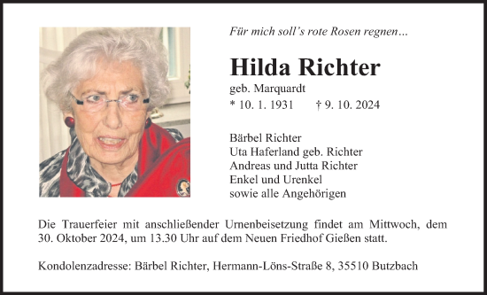 Traueranzeige von Hilda Richter von Giessener Allgemeine, Giessener Anzeiger, Alsfelder Allgemeine