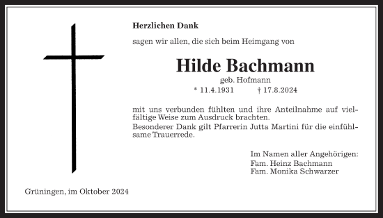 Traueranzeige von Hilde Bachmann von Pohlheimer Nachrichten
