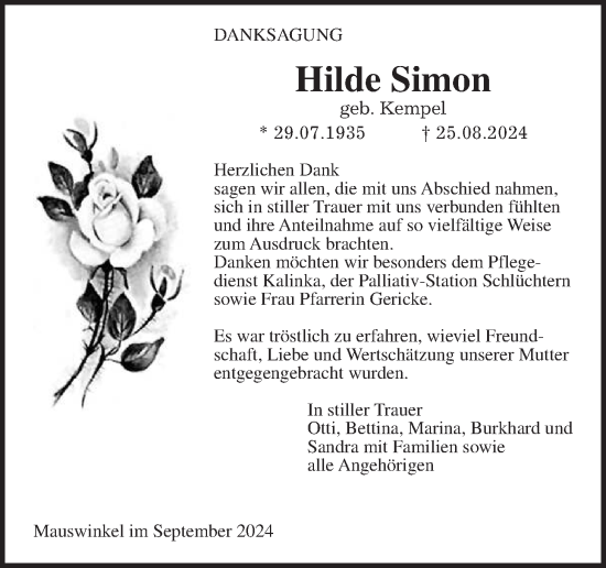 Traueranzeige von Hilde Simon von Kreis-Anzeiger