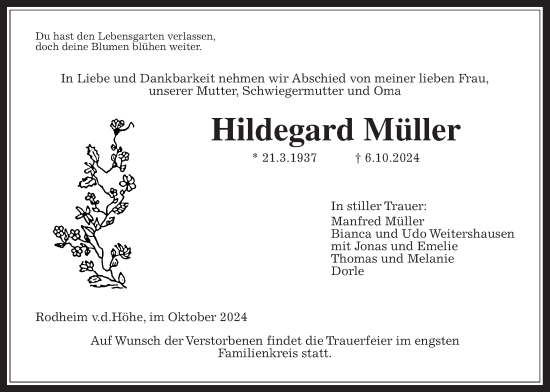 Traueranzeige von Hildegard Müller von Wetterauer Zeitung