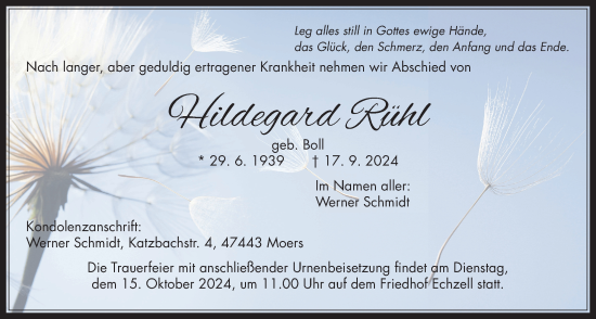 Traueranzeige von Hildegard Rühl von Wetterauer Zeitung