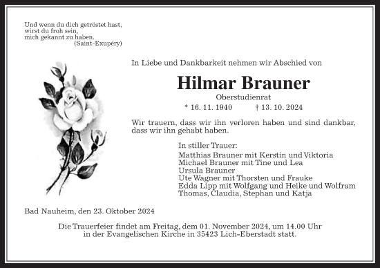 Traueranzeige von Hilmar Brauner von Wetterauer Zeitung