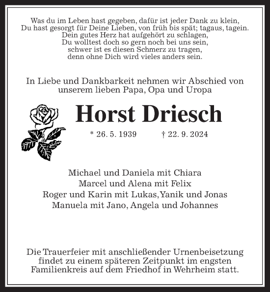 Traueranzeige von Horst Driesch von Usinger Anzeigenblatt