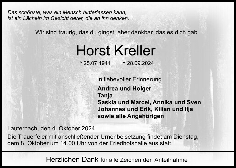  Traueranzeige für Horst Kreller vom 04.10.2024 aus Lauterbacher Anzeiger
