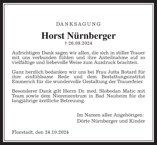 Traueranzeige von Horst Nürnberger von Wetterauer Zeitung