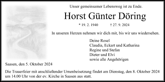 Traueranzeige von Horst Günter Döring von Giessener Allgemeine, Alsfelder Allgemeine, Giessener Anzeiger