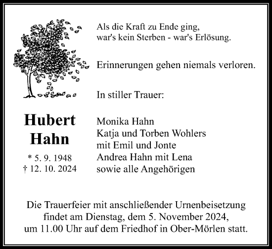 Traueranzeige von Hubert Hahn von Wetterauer Zeitung