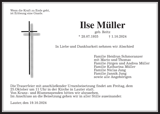 Traueranzeige von Ilse Müller von Giessener Allgemeine, Alsfelder Allgemeine