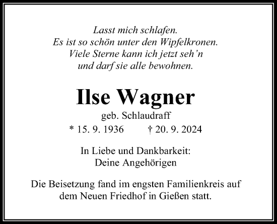 Traueranzeige von Ilse Wagner von Giessener Allgemeine, Giessener Anzeiger, Alsfelder Allgemeine