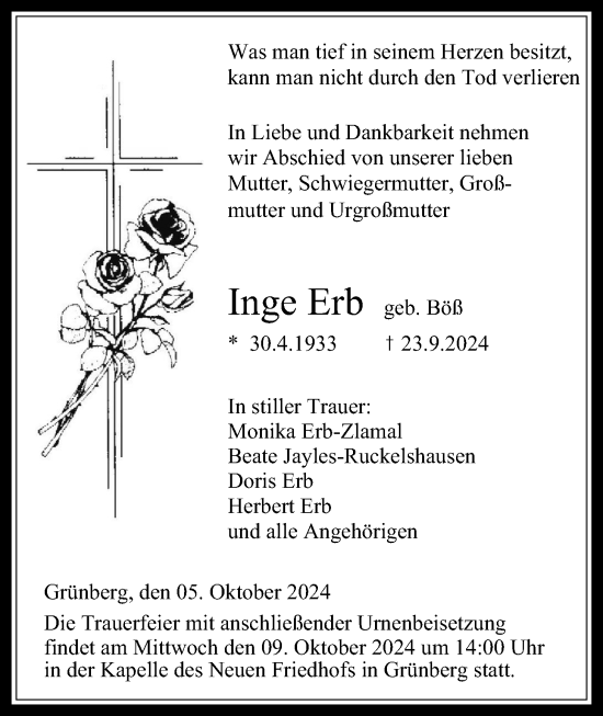 Traueranzeige von Inge Erb von Heimatzeitung Grünberg + Laubach, Giessener Allgemeine, Alsfelder Allgemeine
