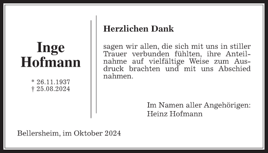 Traueranzeige von Inge Hofmann von Licher Wochenblatt