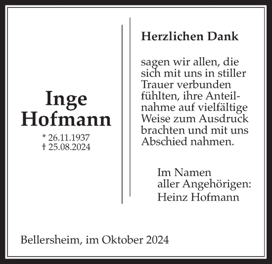 Traueranzeige von Inge Hofmann von Wetterauer Zeitung, Giessener Allgemeine, Alsfelder Allgemeine
