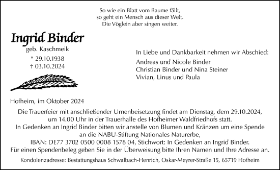 Traueranzeige von Ingrid Binder 