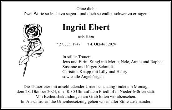 Traueranzeige von Ingrid Ebert von Wetterauer Zeitung