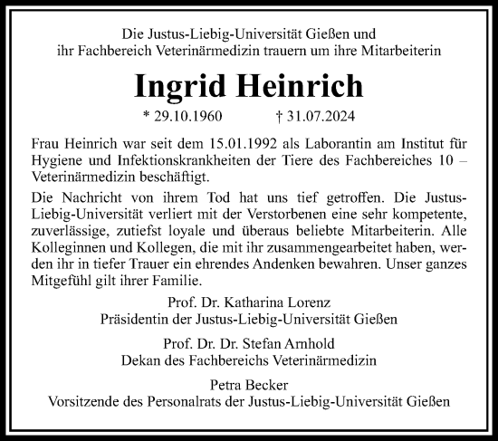 Traueranzeige von Ingrid Heinrich von Giessener Allgemeine, Alsfelder Allgemeine, Giessener Anzeiger