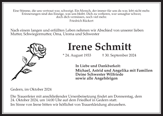 Traueranzeige von Irene Schmitt von Kreis-Anzeiger