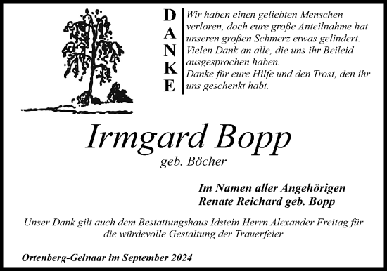 Traueranzeige von Irmgard Bopp von Kreis-Anzeiger, 